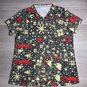 Christmas Pattern Scrub Top‎ Nurse Shirt Large Women's Scrub Top